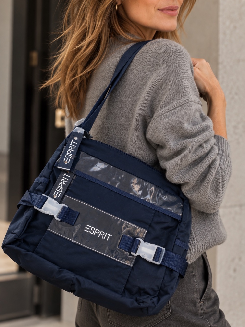 Vintage Esprit Navy Nylon Shoulder Bag Y2K Utility Messenger Crossbody